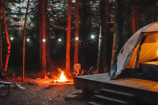 camping with string lights in the woods.